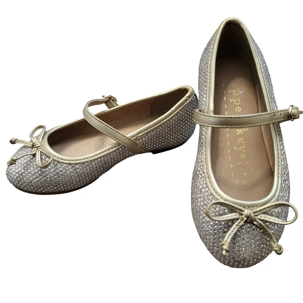 Copper Key MIA Girls Gold Rhinestone Mary‎ Jane Bow Dress Shoes Sparkly Flats 10